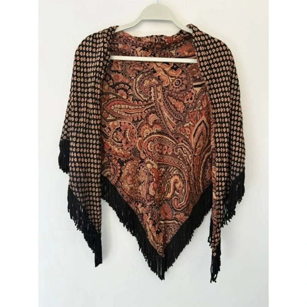 Vintage Paisley Triangle Fringe Shawl Reversible Scarf Terracotta Boho Wrap